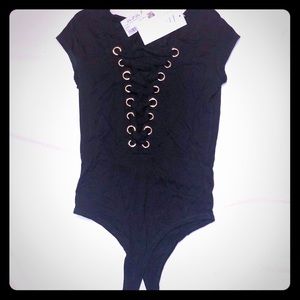 Criss-Cross Lace Front BodySuit Black Small